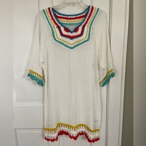 EN CREME Boho Mixed Media Crochet Sheer Swim Cover Up Dress Beach Size S/M